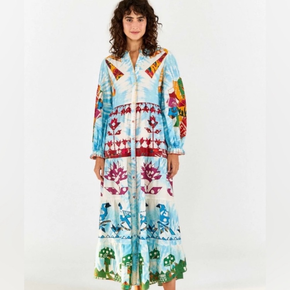 RARE FARM Rio Tie Dye Rainbow Patchwork Maxi Dress Batik Print Blue Size S or M - Picture 2 of 16